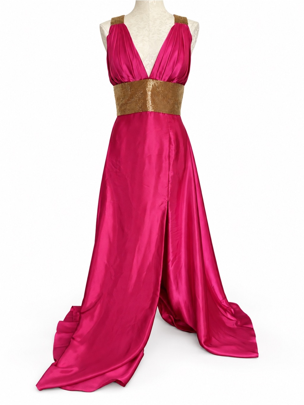 JOVANI Fuchsia Satin Gold Beaded Grecian Racerback Prom Gown Size 6